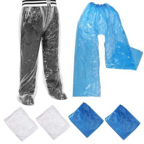4 PCS Disposable Rain Pants, Clear Plastic Rain Pants with Shoe Cover, Adult Boot Covers Rainpants for Men and Women Outdoor (Blue+white)