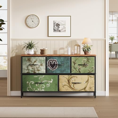 Image of OLIXIS 5 Drawer Dresser for Bedroom, Storage Organizer Unit for Closet | Chest of Drawers for Clothes Storage with Bins, Wide Fabric Bedroom Dresser, Wooden Top, Living Room, Flower