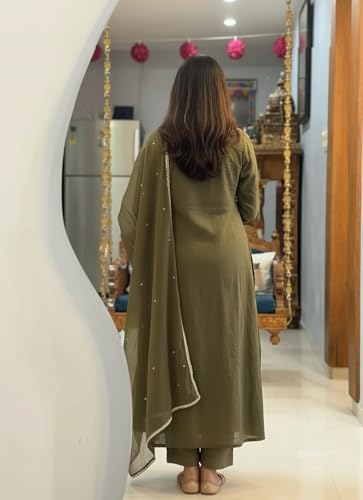 Image of ANNI Designer Women Rayon Viscose Straight Embroidered Kurta with Pant and Dupatta | 3 /4 Sleeve | V-Neck | Ethnic Kurta Set for Women