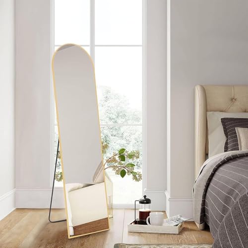 DUMOS Arched Full Length Mirror with Stand Floor Standing Aluminum Frame for Bedroom Body Hanging Leaning Modern Simple Home Decor Shatter-Proorf Nano Glass Wall Living Room Cloakroom Gold 59"x16"