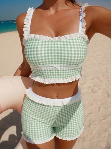 Image of ZAFUL Womens High Waisted Bikini Sets 2 Piece Plaid Ruffle Swimsuits Back Strap Top with High Waisted Shorts Bathing Suit