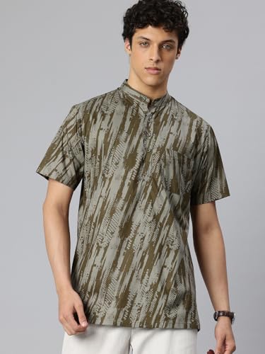 Image of Majestic Man Men Slim Fit Ethnic Motifs Cotton Printed Half Sleeve Short Kurta
