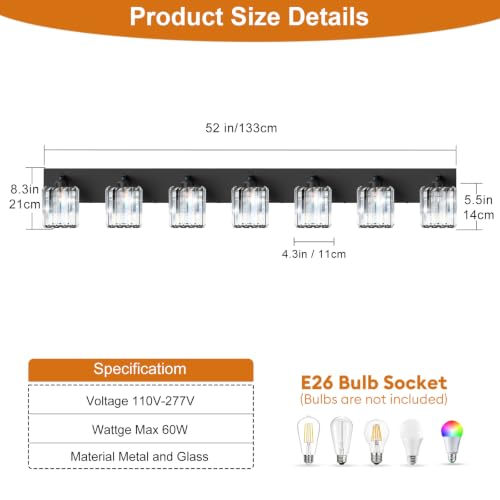 Image of Black Crystal Bathroom Vanity Light, 7-Light Modern Bathroom Lighting Fixtures Over Mirror, Matte Black Wall Sconce with Square Shade