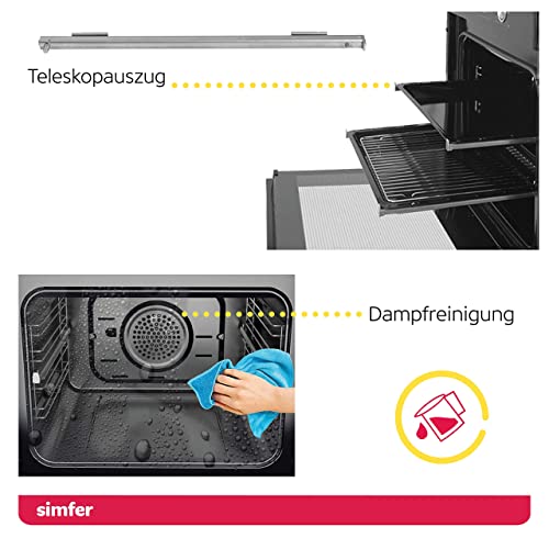 Foto von Simfer Einbau-Backofen 60 cm BO 6813, 60 L, 9 Funktionen, Digitaler Timer, Versenkbare Drehknöpfe, Teleskopschiene, 2-fach Verglasung, Seitengitter, Heißluft, Umluft Schwarz, 56,5 x 59,5 x 59,5 cm