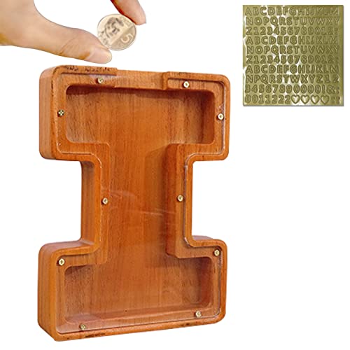 Lakpopya Tirelire en Bois, Tirelire Lettres pour Enfants, Tirelire en Bois Massif avec Verre Acrylique Transparent, A-Z 26 Lettres + Coeurs, Cadeaux Créatifs & Décorations (I) Cover