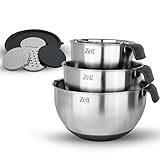 Zell 3 Piece Mixing Bowl Set with Spout and Handle, stainless steel, silicone non-slip base, with grater set, 1.5, 3 and 5 quarts capacity