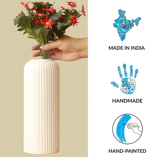 Image of KREATIVE ART'S Modern Ribbed Design Ceramic Flower Vase for Living Room, Flower Pots for Artificial Flower, Home Decoration Item, Home Decor, Vases for Living Room (White, Medium)