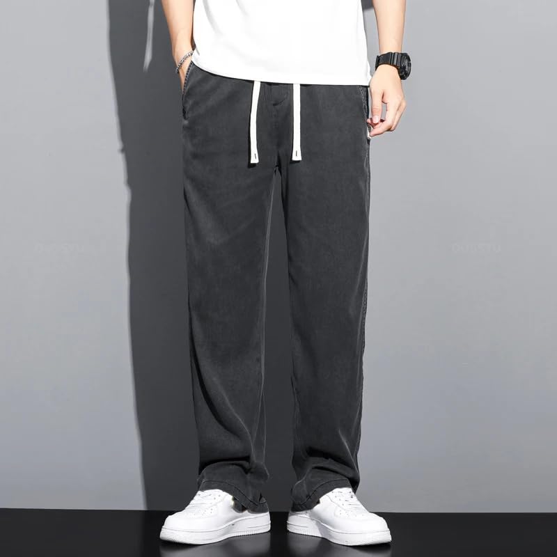 Summer Men's Jeans Thin Loose Straight Pants Drawstring Elastic Waist Casual Trousers3