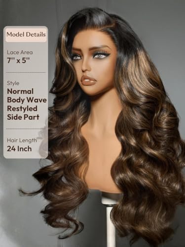 Image of Beauty Forever 7x5 Bye Bye Knots 2.0 Balayage Brown Highlight 3D Body Wave Lace Front Wig Put on and Go Glueless Drawstring Wigs with Pre-Bleached Pre Plucked Pre Cut HD Lace Wig 150% Density 22 Inch