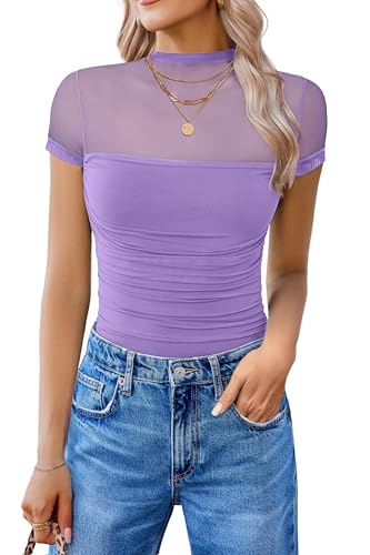 Image of Avidlove Women's Short Sleeve Bodysuit Turtle Neck Body Suits Mesh One Piece Leotard Going Out Tops Date Outfits