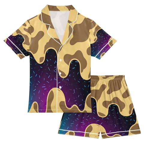 Satin Pajama Sets Short Sleeve Giraffe Print with Cosmic Button Down Silky Nightwear 2 Piece PJS 5-14Y