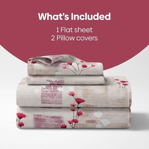 Image of Haus & Kinder King Size Bedsheet for Double Bed with 2 Pillow Covers 108 x 108 Inches | 144 TC Cotton Bedsheet for King Size Bed - Pink Flower Sketch