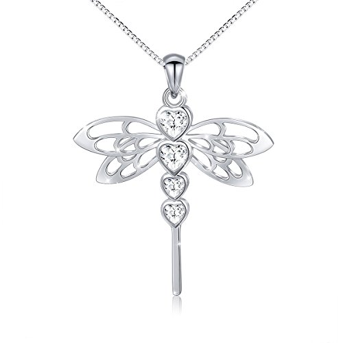 S925 Sterling Silver Cute Dragonfly Heart Pendant Necklace for Women Teen Girl