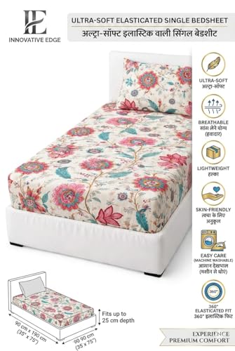 Image of Single Elastic Fitted Sheet (48x72) - Fits up to 8 Inch Mattress, No-Tuck Glace Cotton Fabric, 1 Single Bed Sheet + 1 Pillow Cover Pink Floral