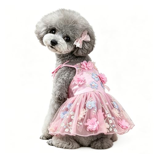 SEIS Flower Lace Dog Dress Cat Princess Suspender Costume Puppy Tutu Floral&Bow Clothes Puppy Embroidery Skirt for Cats Teddy Dog Small Medium Dogs (Pink, XL (Chest Circumference 52cm/20.5'))