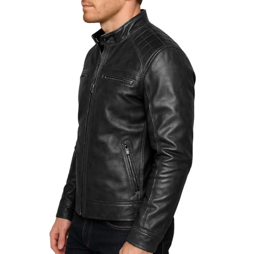Mens Black Leather Jacket - Genuine Lambskin Cafe Racer Motorcycle Style Distressed Leather Jacket4