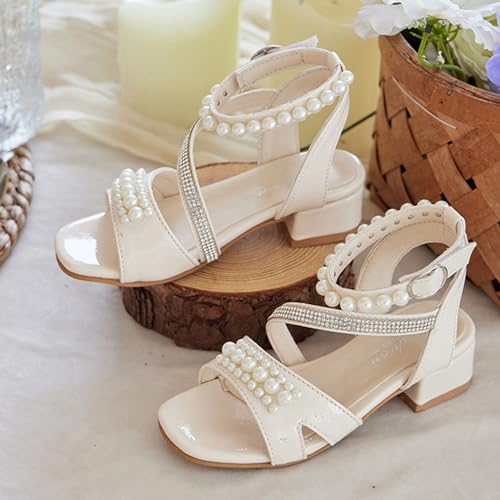 Girls Dress Sandals Kids Low Heels Open Toe Wedding Party School Summer Pearls Glitter Strap Flower Girl Shoes4
