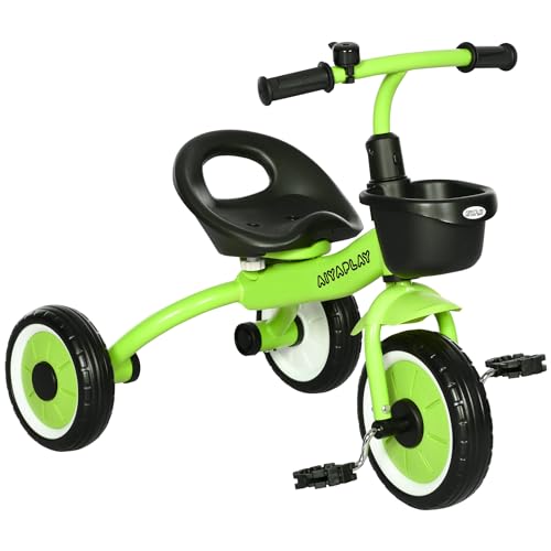 AIYAPLAY Triciclo para Niños de 2 a 5 Años Bicicleta Infantil con Asiento Ajustable Cesta Timbre Pedales y 3 Ruedas Carga 25 kg 70,5x53x58 cm Verde