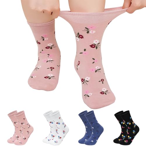 ZFSOCK Damen Socken Baumwolle Crew: Atmungsaktiv Baumwollsocken mit Komfortbund Ohne Naht Socken Ideal für Fruan Frauen Mädchen im Büro Schule und Freizeit, Blumenmuster 4 Paar 39-42
