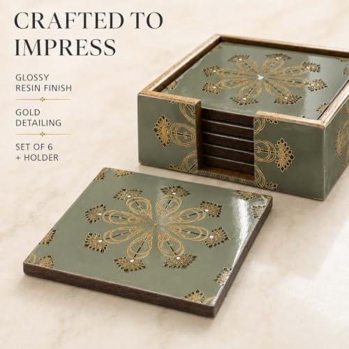 Image of The Earth Store Premium Emerald Heritage Wooden Coaster Set of 6 with Matching Holder - Engineered Wood with Resin Art Wooden Coaster | Tea Coaster Set of 6 | Square Coaster Set for Dining Table
