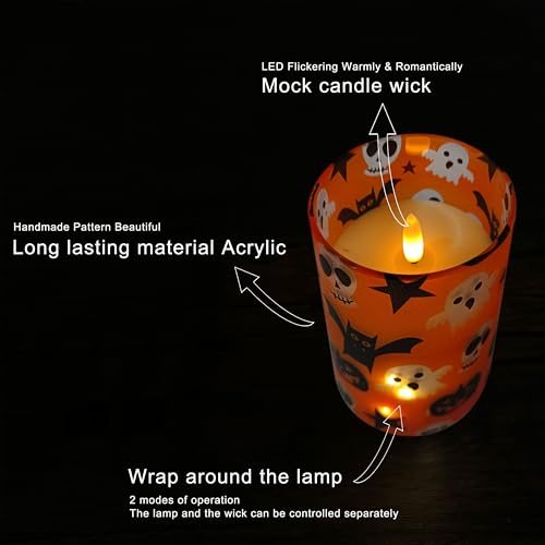 Image of Flickering Flameless Candles Halloween Pumpkin Ghost Print, Embedded Star String Lights, Battery Operated Acrylic LED Pillar Candles with 11-Key Remote and Timer for Home Decoration, 3 Pack