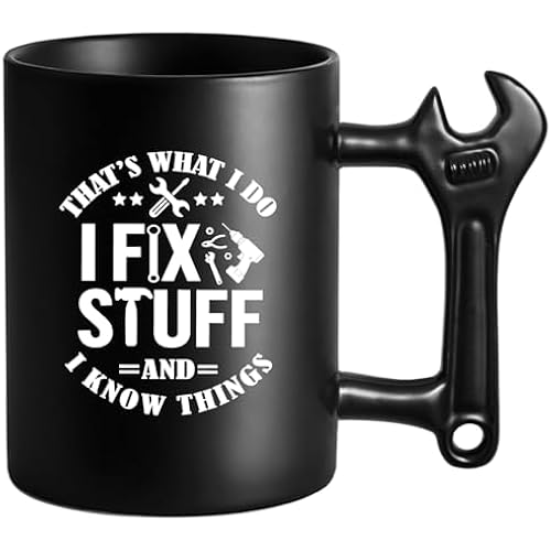 LOZACHE Funny Dad Coffee Mug with Wrench Handle – “That’s What I Do, I Fix Stuff And I Know” Mug for Men, Unique Father’s Day Birthday Graduation Gift for Him Dad Grandpa Husband Mechanic