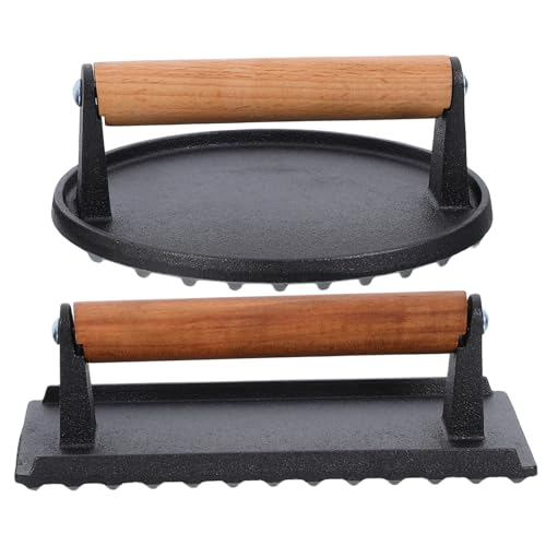 FUNOMOCYA 2pcs Manual Meat Press Cast Iron Flat Grill Press for Hamburgers Bacon and Steaks with Wooden Handle for Griddles Ovens and BBQ Cooking