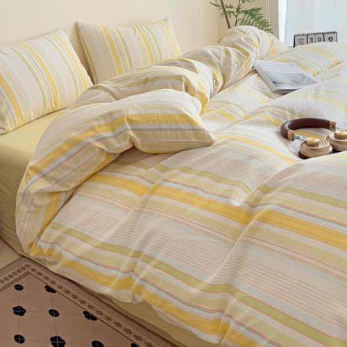 Image of VM VOUGEMARKET 3 Pieces Striped Duvet Cover Set King 100% Washed Cotton Linen Like Textured Breathable Durable Soft Comfy Bedding Set (Yellow Stripes, King 104 inchx90 inch)