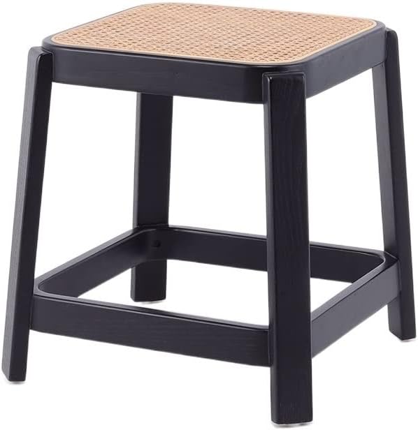 TemkIN Solid Wood Rattan Stool, Natural Rattan Top Wood Stool, Portable Handcrafted Wood Stool, Lightweight Stool, Hand Woven, Comfortable Seat Chair
