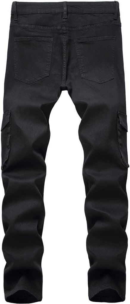Jeans Trendy Multi-Pocket Black Denim Men Pants Long Regular Fit Male Trousers