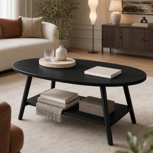 Image of Hawthyhome Round Side Table 2-Tier Coffee Table with Storage Modern Solid Wood Table Metal Frame for Living Room Bedroom Black