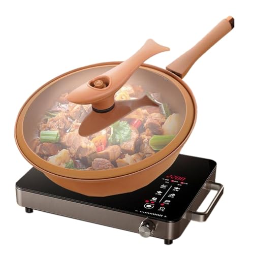 Wok de hierro con tapa - Sartén para saltear con textura trapezoidal | Wok de ahorro de energía de estilo chino de fondo para estufas de inducción, eléctricas y halógenas, utensilios de cocina d