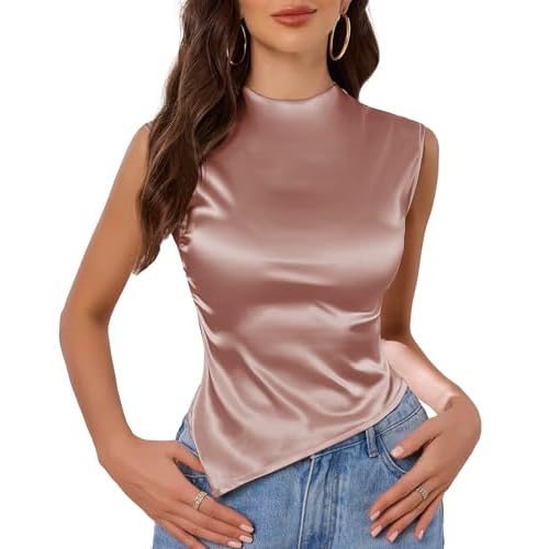 VIDUSSA Crop Tank Tops for Women - Mock Neck Sleeveless Satin Blouse Ruched Slim Fitted Asymmetrical Hem Silk Tops X-Large Light Pink