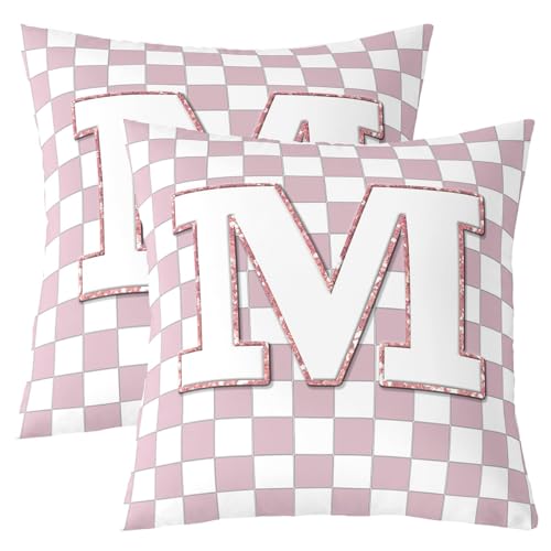 Image of Erosebridal Pink Initial M Throw Pillow Covers 18x18 Set of 2 Kawaii Plaid Checkered Pillow Covers Cute Personalized Monogram Cushion Cover Fashion Grids Gingham Pillow Cases for Couch Sofa