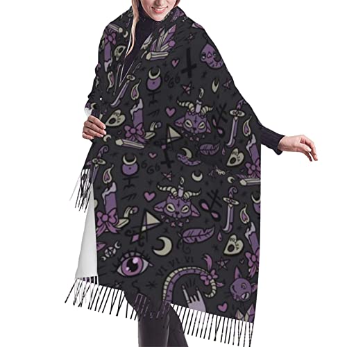 Écharpe gothique à pompons pour femme en cachemire chaud violet et noir