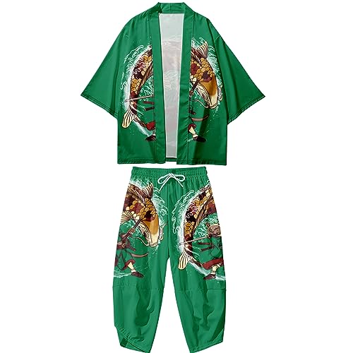 Image of DOSLAVIDA Men's Japanese Kimono Cardigan Suit Chinese Style Printed Jacket Pants Set Open Front Seven Sleeve Top & Shorts