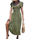 CUPSHE Women's Square Neck Smocked Dress Flutter Sleeves Long Dress A Line Ruffled Maxi Formal Dress Olive Green, M