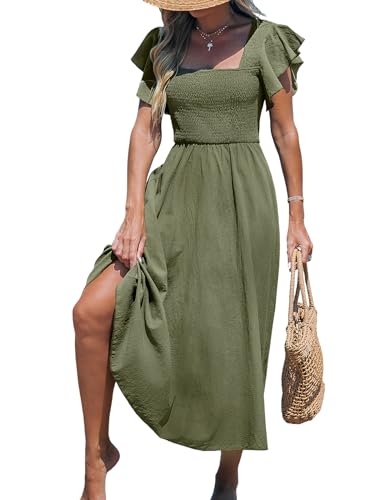 Image of CUPSHE Women's Summer Dress Square Neck Striped Smocked Dress Ruffled Cap Sleeves Dress A Line Maxi Formal Dress
