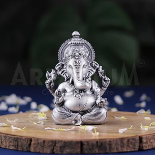 Image of Artarium Small Vighnaharta Ganesha Idol Murti, Vinayaka Sitting Statue Ganapati for Car Dashboard, Puja Ghar, House Warming, Unique Wedding & Birthday Gift, Sculpture - Silver