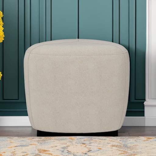 SIMPLIHOME Moore Small Ottoman - 18 inch Wide Upholstered Linen Look Fabric Irregular Round Ottoman in Natural, Contemporary Ottoman for Living Room or Bedroom with Top Stitching Detail, Assembled by SIMPLIHOME - Used condition - Image 5