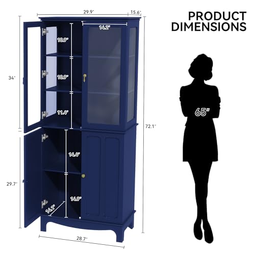 ARTPOWER 72" Freestanding Kitchen Pantry Storage Sideboard, Classical Tall Cabinet with Glass Door and Adjustable Shelves for Kitchen, Livingroom and Dining Room, Navy Blue