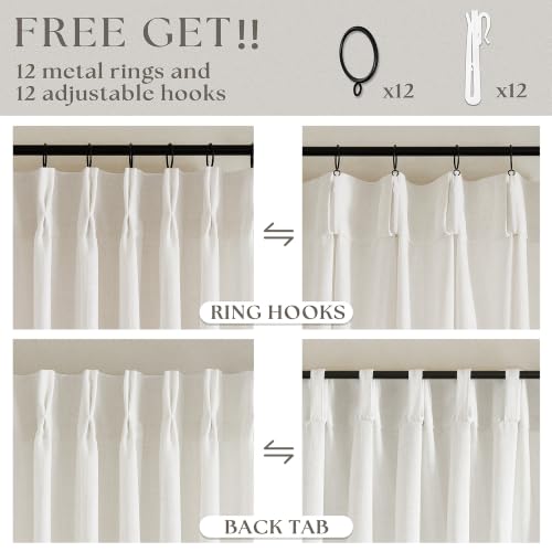 Image of 60 Inch Width Curtains 92 Inches Long Linen Pinch Pleated Curtains for Living Room Bedroom Semi Sheer Back Tab Hooks Rings Extra Wide Pinch Pleat Drapes for Patio Glass Door Natural Cream 1 Panel