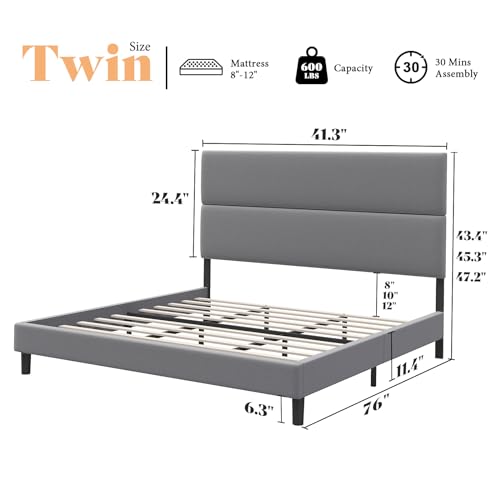 Image of AMERLIFE Twin Bed Frame, Dark Grey | Upholstered, Metal Platform Bed