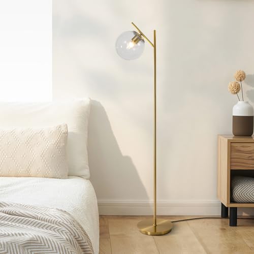 Image of Mid Century Brass Floor Lamps Vintage Clear Standing Lamp for Living Room Modern Tall Freestanding Lamps Retro Farmhouses Globe Floor Lamp for Bedroom Office
