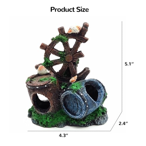 Image of Mipukbay Fish Tank Decoration, Broken Ship Wheel & Cask Aquarium Decor Hiding Cave Ornament for Freshwater /Saltwater, Safe Landscaping Rock Resin Decoration for Betta Fish, Goldfish and Aquatic Pets