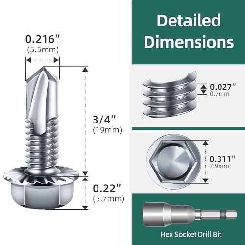 EASTPUK 25Pcs #12 x 3/4" Sheet Metal Screws, Zinc Serrated Flanged Hex Head Self Drilling Screw, Diamond Point Self Tapping Screws, 410 Stainless Steel Fast Tapping with Socket by EASTPUK - Used condition - Image 2