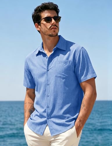 EKLENTSON Men's Short Sleeve Button Down Shirt Casual Beach Shirt Summer Resort Wear Light DenimBlue XL Mens Shirts — view 2