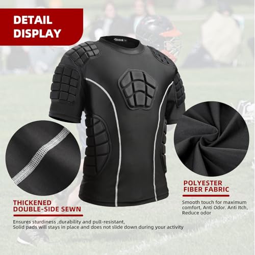 Zicac Padded Compression Shirt 7-Pads Football Rib Protectors Padded Shirt Chest Protective Gear Sports Rash Guards for Football Rugby Baseball (Black Grey, Medium)