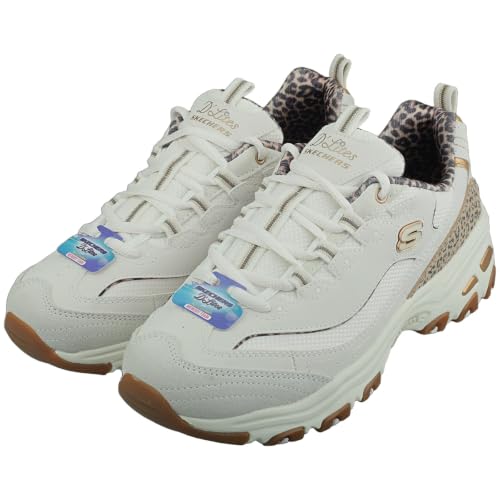 Skechers Femme D'Lites Baskets, White Duraleather Mesh Leather Leopard Trim, 39.5 EU
