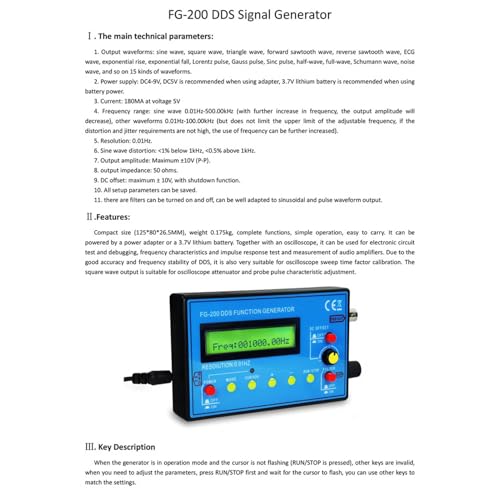 Funktionssignalgenerator FG-200 DDS - Multifunktionales Gerät für 0,01 Hz-500 KHz: Sinus, Rechteck, Sägezahnwellen - Hochpräzision - Signalgenerator mit Frequenzmodul